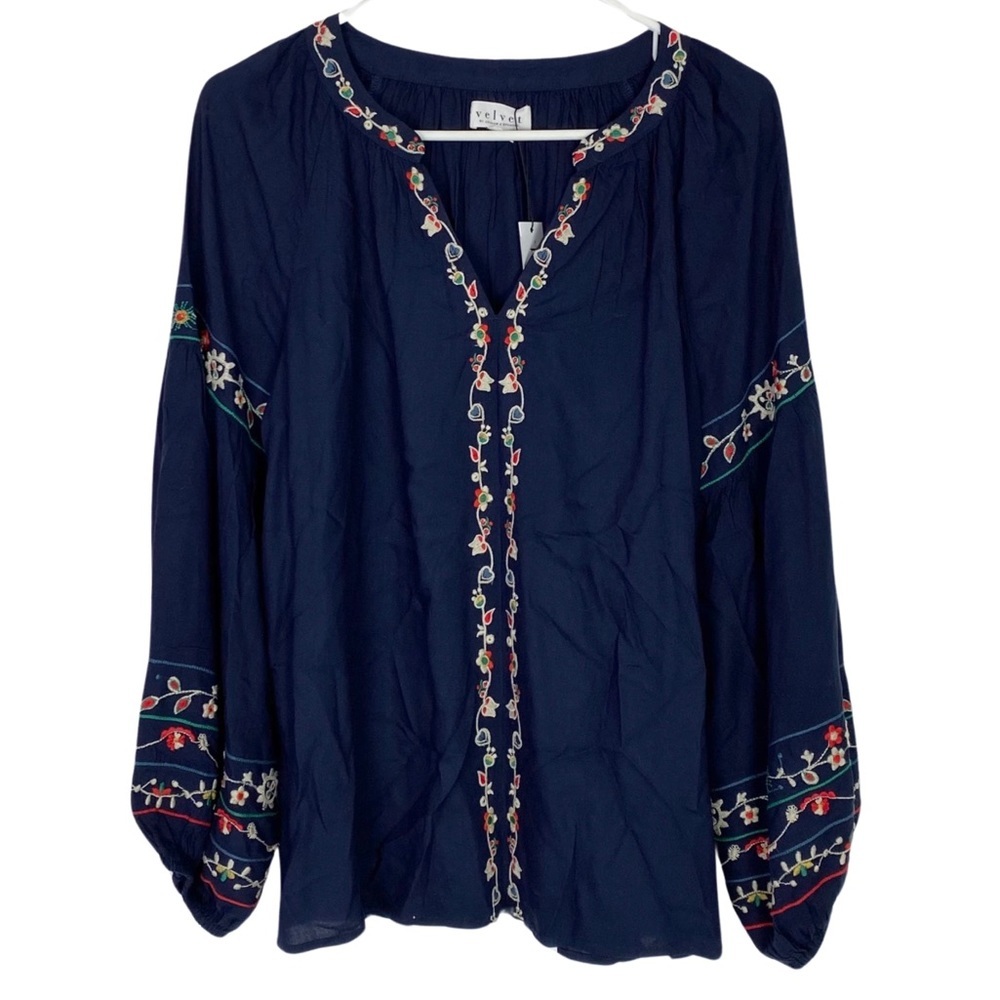Velvet by Graham & Spencer Navy Embroidered Blouse - Picture 2 of 7
